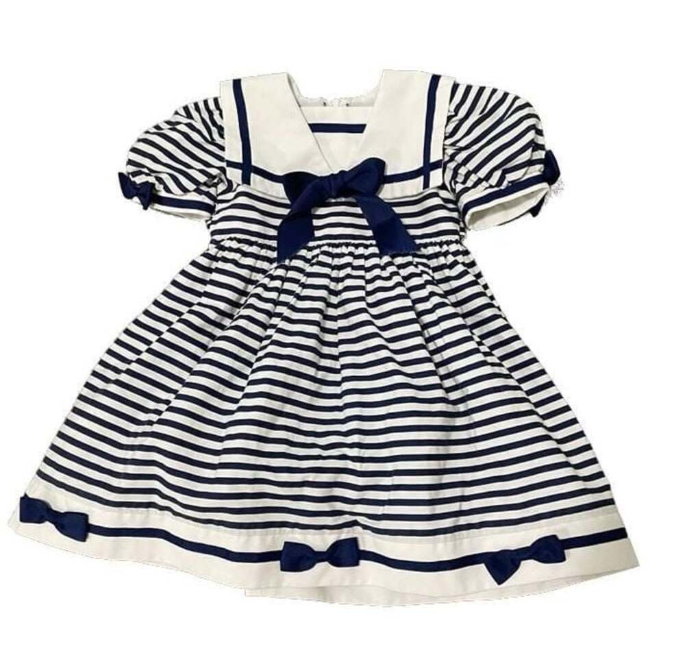 Sylvia Whyte Girls Sailor Dress Striped Navy White Size 2T Vtg
